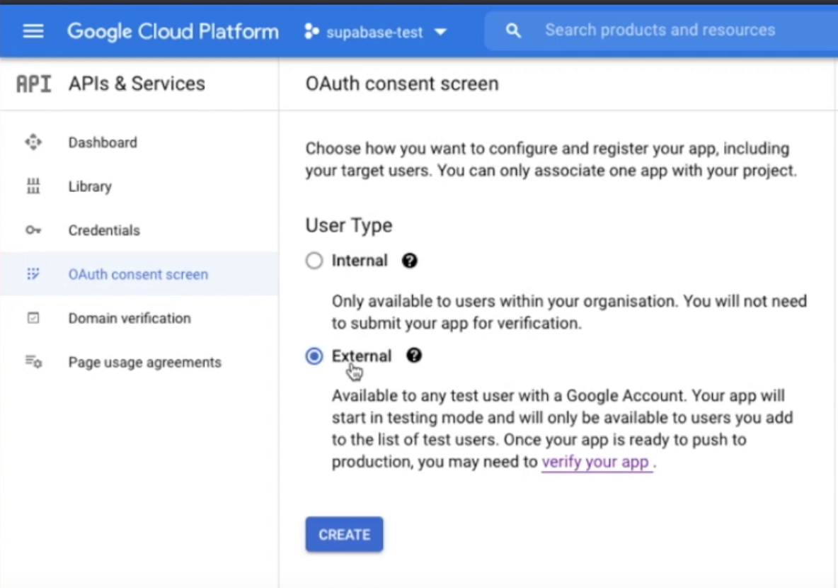 Select External on the OAuth form